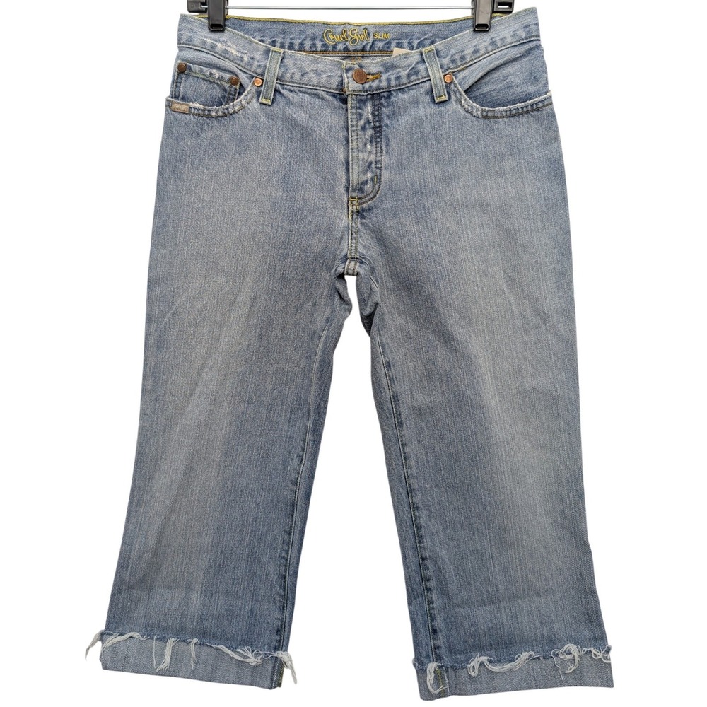 Y2K Cruel Girl Slim Capri Jeans Womens 7 Long Blue Distressed Raw‎ Hem Western